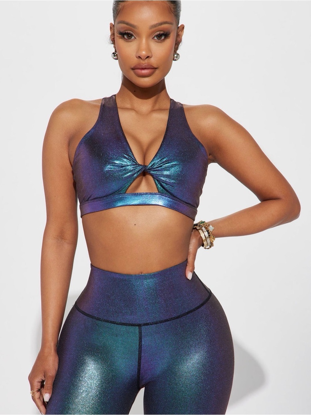 Fashion Nova Iridescent Purple Blue Twist-Front Sports Bra